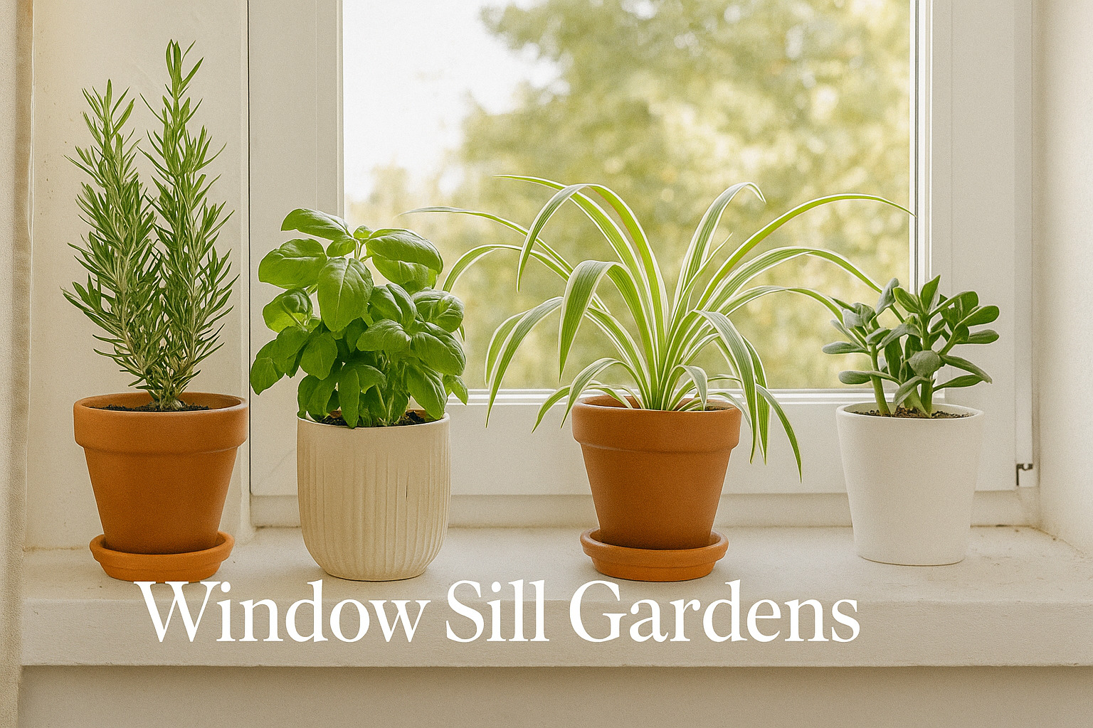 Window sill garden featuring basil, rosemary, spider plant, and jade in ceramic and terracotta pots, bathed in natural light from a bright indoor setting – perfect for indoor gardening inspiration